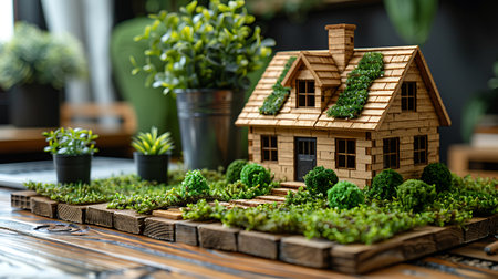 Miniature model of house on a wooden table with green plants.の素材