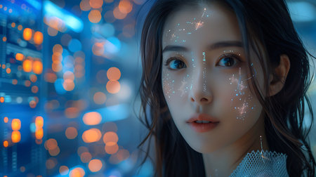 Portrait of beautiful asian woman with futuristic technology concept. 3d renderingの素材