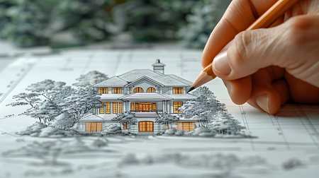 Architect drawing a house model with a pencil. 3d renderingの素材