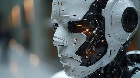 3d rendering humanoid robot or cyborg with glowing lights in the backgroundの素材