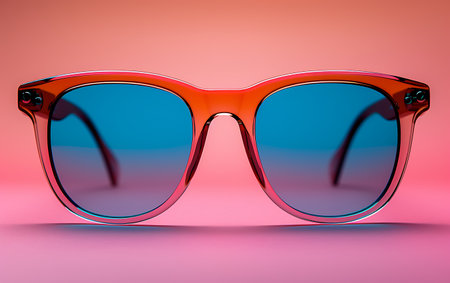 Sunglasses in red and blue shades on a pink background. 3d renderingの素材