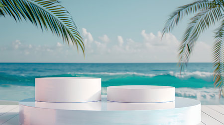 3d render of white round podium on the beach. Vacation conceptの素材
