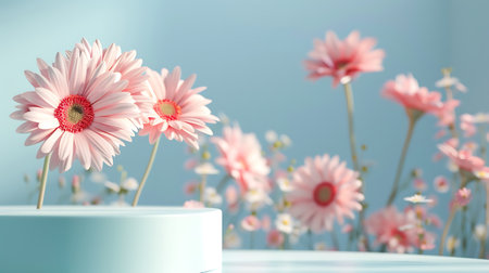 3d render of pink gerbera daisy flowers on blue backgroundの素材