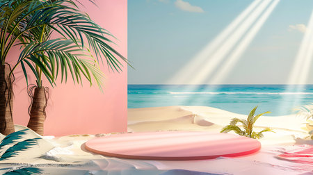 3d render of podium for product presentation. Summer scene with palm leaves and sand dunes.の素材