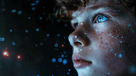 Close up portrait of young woman with blue glowing dots on her faceの素材