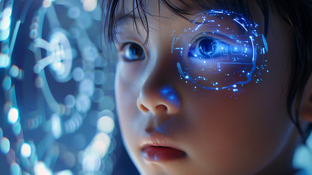 3d rendering of a little girl looking at the futuristic technology interfaceの素材