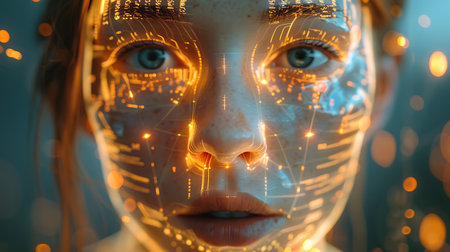 Cyborg woman face with digital circuit hologram. 3D renderingの素材