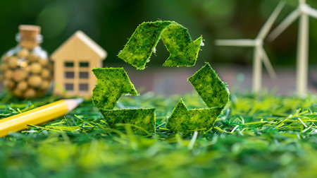 Green recycle symbol on grass with pencil and house. Eco concept.の素材