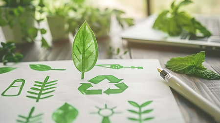 Recycling symbol on paper sheet with laptop and green plant on tableの素材