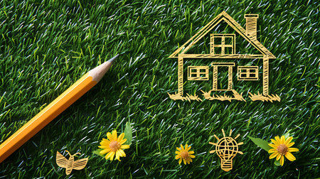 Pencil on green grass with house and flower. Real estate conceptの素材