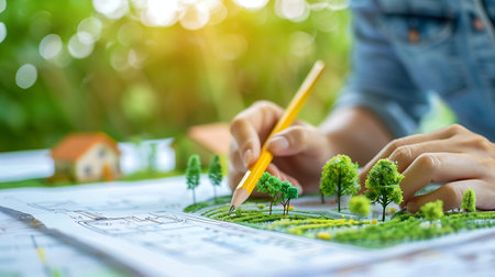 Miniature model of human hand holding pencil and drawing on construction planの素材