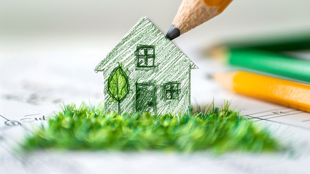 Drawing a house on the paper with pencils and green grassの素材
