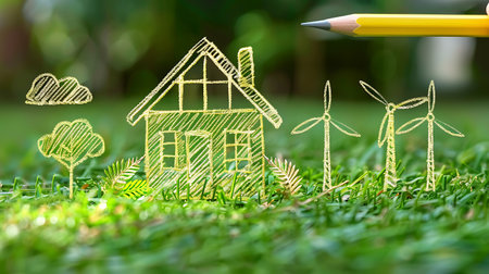 Drawing wind turbines and house on green grass. Renewable energy conceptの素材