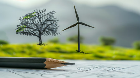 Wind turbines and a pencil on a construction plan. 3d renderingの素材