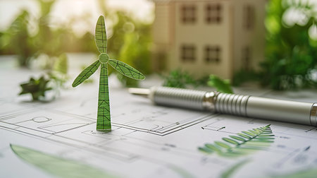 paper wind turbine model on blueprints with plant and fountain pen.の素材