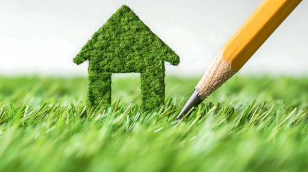 Green house with pencil on green grass background. Real estate concept.の素材