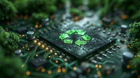 Close up view of a microcircuit with green recycling symbol 3d renderingの素材