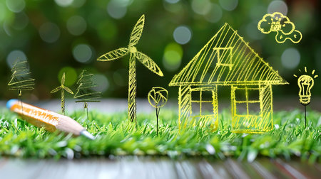 Drawing eco-friendly house on green grass with light bulb and windmillの素材