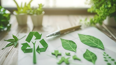 Recycling symbol on paper with green leaves and pen on wooden tableの素材