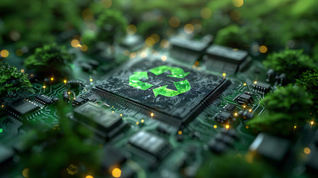 Close up view of a green recycling symbol on a computer chip 3D renderingの素材