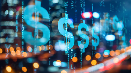 Digital dollar symbols on blurred background. Business and finance concept. 3D Renderingの素材