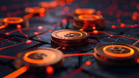 Electronic circuit board and coin. Cryptocurrency concept. 3D Renderingの素材