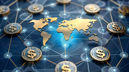 World map and dollar currency on blue background. 3d illustration.の素材