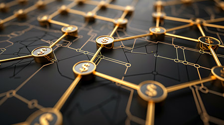Golden network on the black background. 3D illustration. Network concept.の素材