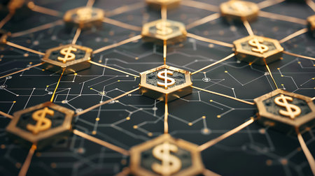 3d rendering of golden dollar coins on hexagonal background. Cryptocurrency conceptの素材