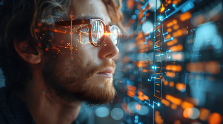 Futuristic technology. Portrait of handsome young man in eyeglasses using futuristic interface while standing against blue backgroundの素材