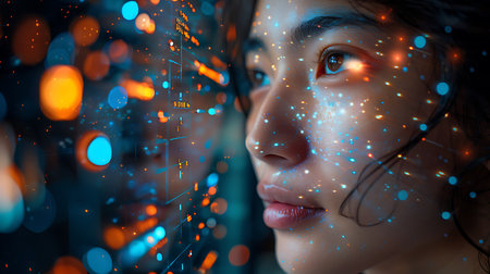 Portrait of beautiful asian woman looking at digital hologram screenの素材