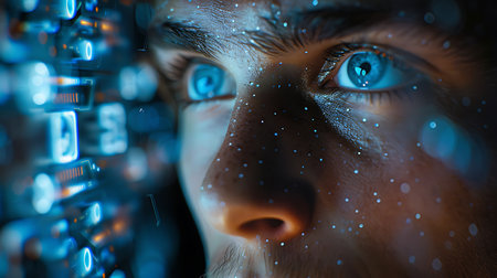 Cyber security concept. Close-up of a young man looking through the keyhole of a binary code.の素材
