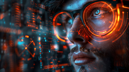 Cyber security concept. Close up of young man with cyber security interface. 3D renderingの素材