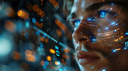 Close up of man face with glowing digital code. 3d renderingの素材