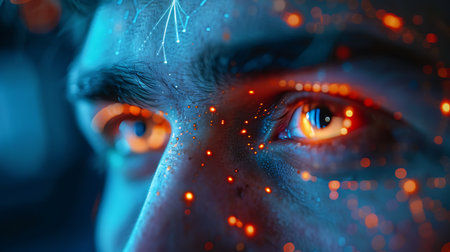 Close up of a man's eye with glowing lights on it.の素材