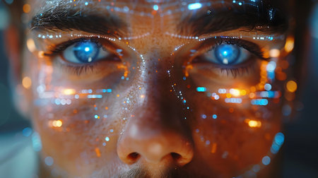Close-up portrait of a young man with blue eyes and neon lights on his faceの素材