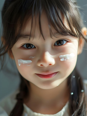 portrait of little asian girl with cosmetic cream on her faceの素材