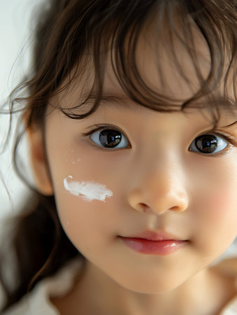 Cute little girl with cream on her face, close-upの素材