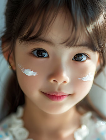 Little asian girl with cosmetic cream on her face, selective focusの素材
