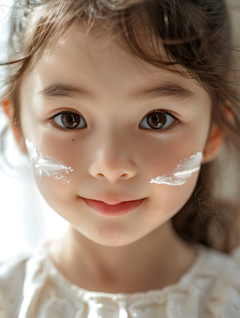Portrait of a beautiful little girl with white cream on her faceの素材