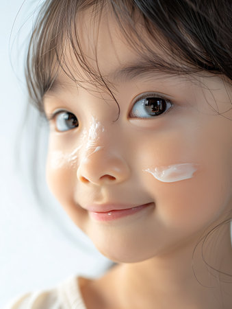 Portrait of cute little asian girl with cosmetic cream on her faceの素材