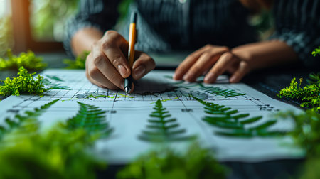 Architect working on blueprint at office desk. Architectural concept.の素材