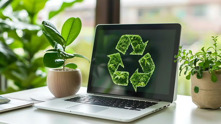 Laptop screen displaying a recycling concept on a desk in a home environmentの素材