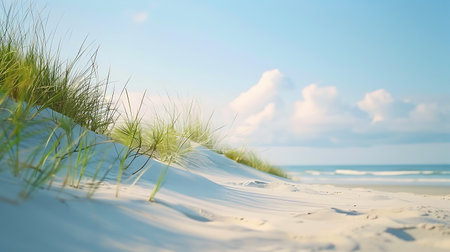 Sand dunes and grass on the beach with blue sky background.の素材