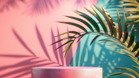 Pink podium with palm leaves on pastel background. 3d renderingの素材