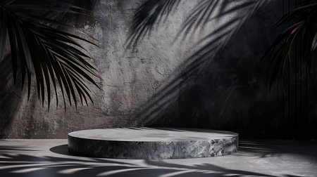 3d rendering of a black stone podium with palm leaf shadow on the concrete wallの素材