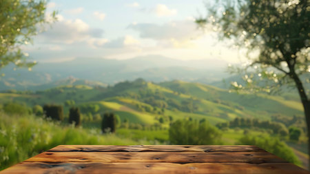 Wooden table top on blurred background of beautiful Tuscany landscapeの素材