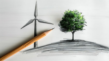 Wind turbine and green tree drawing on white paper. Renewable energy conceptの素材
