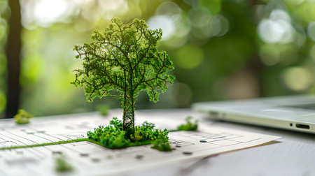 Miniature model of a tree on the table with laptop computer.の素材