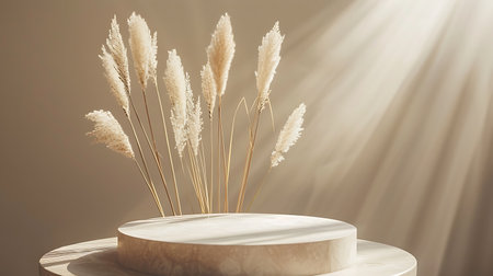 Pampas grass on white podium. 3d rendering, 3d illustration.の素材
